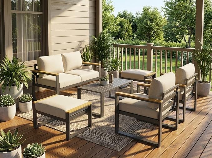 Aluminum Patio Furniture Set, 6 Seats Outdoor Patio Conversation Sets with Coffee Table, 6 Pieces Metal Conversation Sectional Furniture Sofa for Balcony, Garden, Deck, Backyard,Beige