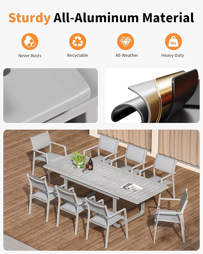 9 Pieces Outdoor Dining Set, Expandable Patio Dining Set for 8 Person, Never-Rust Aluminum Patio Furniture Set with Extendable Dining Table and Stackable Dining Chairs for Backyard, Deck, Lawn