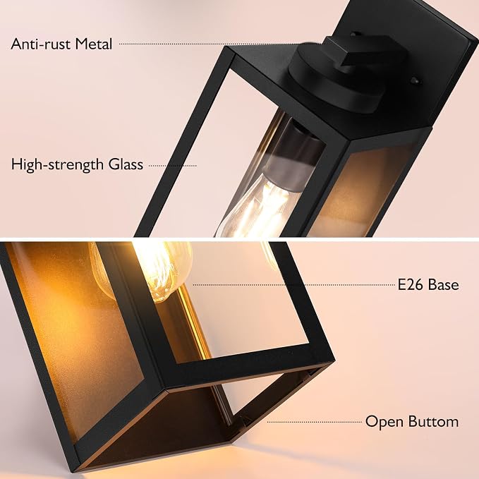 BesLowe 15” Large Outdoor Wall Light Fixture, Exterior Porch Sconce, Black | Waterproof, Rust-Resistant, Durable Metal with Clear Glass, Standard E26 Socket, Easy to Install
