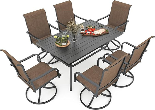 Anmutig 7-Piece Outdoor Dining Set, 6 Swivel Patio Chairs & 60'' Rectangular Dining Table with All Weather Frame Furniture Set - Brown Style2