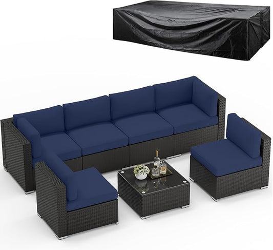 SUNCROWN 8-Piece Outdoor Patio Furniture Sofa Set All-Weather Wicker Sectional Conversation Set with Modern Glass Coffee Table, Cushions and Waterproof Cover, Dark Blue