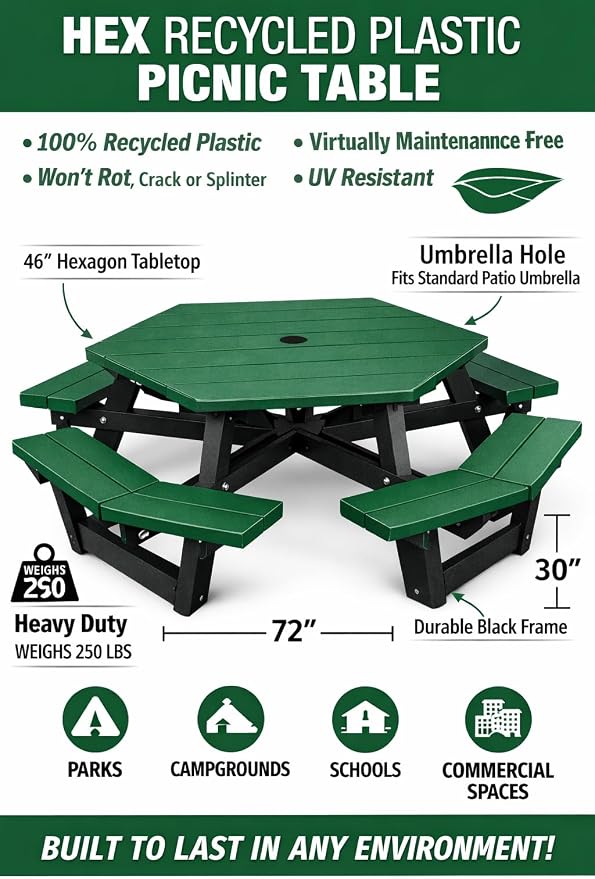 Frog Furnishings Hex Table Bench, Portable Outdoor Table, for All Weather, Backyard, Dining Party, Patio, Also for School, College, Park, Playground, Swimming Pool