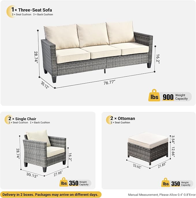 ovios 5 Pieces Patio Furniture Set, Outdoor Wicker Sofa Couch with Chairs Comfy Cushions, All Weather Grey Rattan Conversation Set for Backyard Deck Porch, Beige