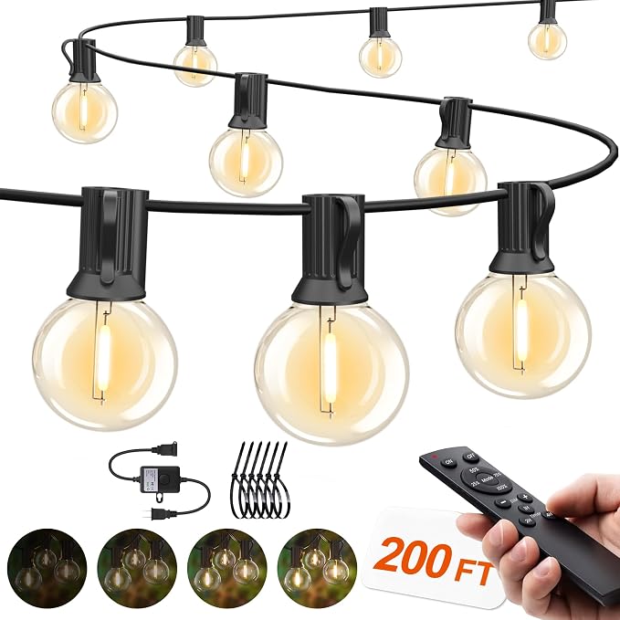 Outdoor String Lights Waterproof 200FT with Remote Patio Lighting for Porch | Connectable Outside Lights with Remote, 106 Globe Bulbs Dimmable &3 Lighting Modes Timmer for Backyard Bistro Balcony Fence
