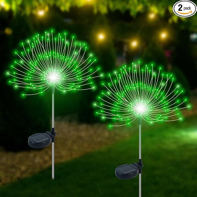 Slyuexu Solar Garden Lights Outdoor Waterproof, 2 Pack 120 LED Solar Firework Lights Decorative Garden Décor Outside for Flowerbed Pathway Party Christmas Decoration, Green