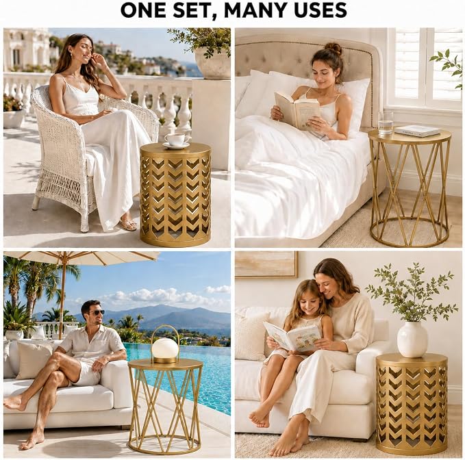 Y&M Set of 3 Gold End Tables, Nesting Metal Round Coffee Table, Heavy Duty Metal Plant Stand Garden Stool, Outdoor Multifunctional Use
