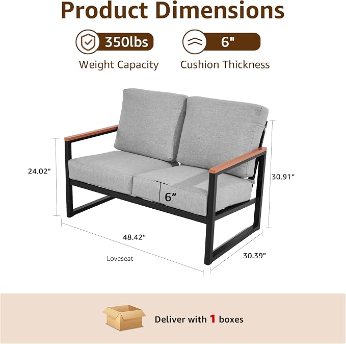 NATURAL EXPRESSIONS Aluminum Patio Loveseat Sofa, Outdoor Couch Furniture with Fauxwood Armrest, 6" Olefin Cushion, All-Weather Outside Couch for Porch, Yard, Balcony, Deck