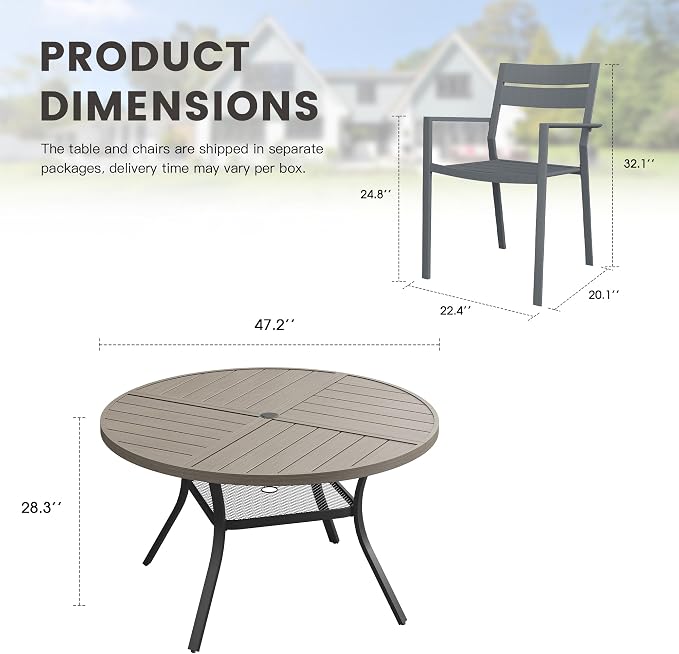 Patio Dining Set for 6, Round 47.3" Patio Dining Table and Stackable Outdoor Dining Chairs Outdoor Furniture for Backyard Porch Deck, Spliced Grey Table and Grey Chairs