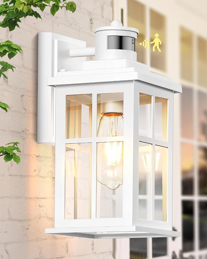 White Outdoor Wall Lights, Motion Sensor Porch Light Outdoor, Dusk to Dawn Outdoor Light Fixtures, Waterproof Outside Lights for House, Garden, Front Porch, Tempered Glass, Anti-Rust