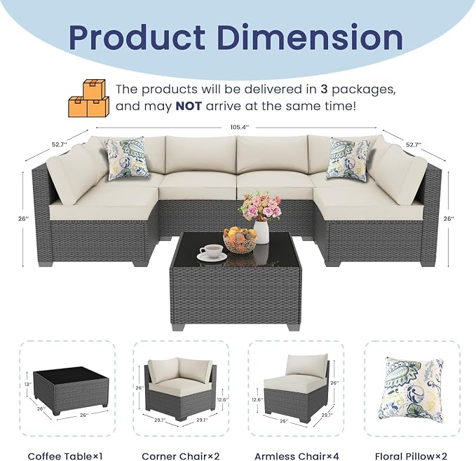 7 Piece Outdoor Patio Furniture Set Modular Rattan Wicker Sectional Sofa Couch with Washable Thick Cushions and Coffee Table Modern Outdoor Conversation Set for Backyard Porch(Purple)