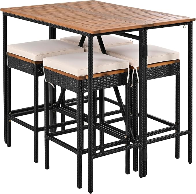 10-Piece Outdoor Patio Dining Set, Acacia Wood Bar Height Table with Foldable Tabletop and Four Stools with Cushions, High-Dining Bistro Set