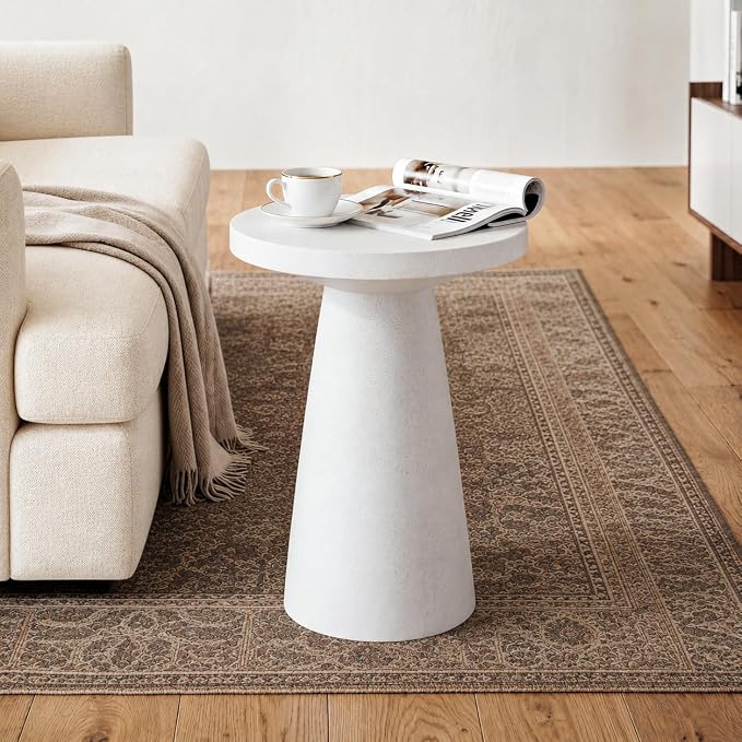 SUNBURY Side Table Outdoor Large, 22"H Concrete End Table w Conical Pedestal, Lightweight Round Accent Table, Decorative Modern Coffee Table, Garden Stool for Patio, Porch, Living Room, Spotted White