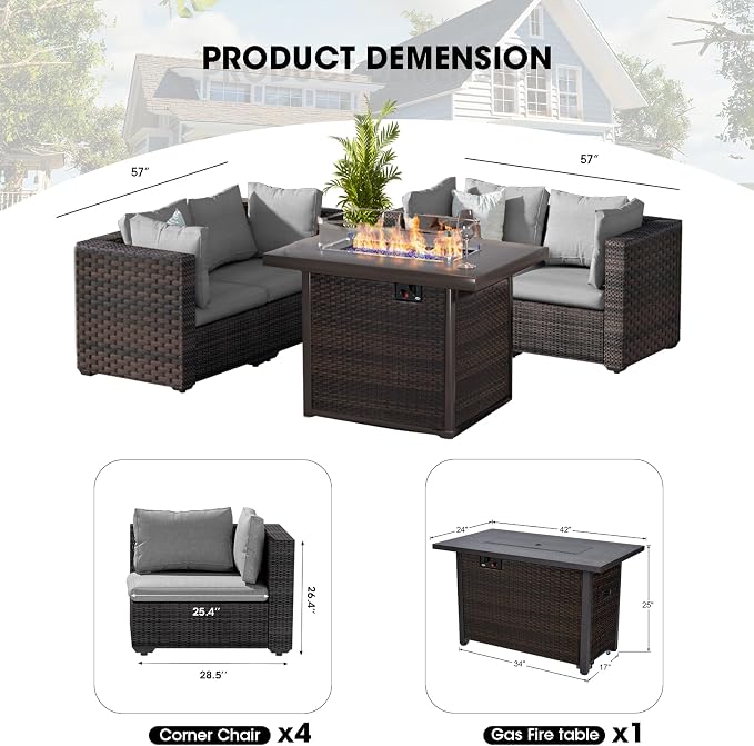 Patio Furniture Set with Fire Pit Table 5 Piece All Weather PE Rattan Outdoor Sectional Sofa Couch with 4 x arm Sofa, No-Slip Cushions for Garden, Poolside, Backyard (Gray)