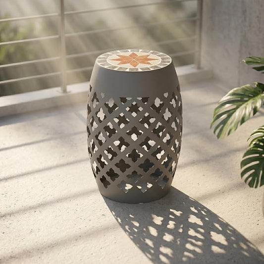 Ceramic Mosaic Outdoor Side Table, 12" Round Garden Stool Hollow Drum Accent End Table, All-Weather Metal Plant Stand Footstool for Patio, Balcony, Living Room, No Assembly