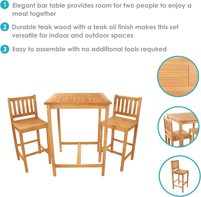 Sunnydaze 3-Piece Teak Wood Bar-Height Patio Table Set - Outdoor Bar Table and Chairs - for Balcony, Home Bar, or Deck