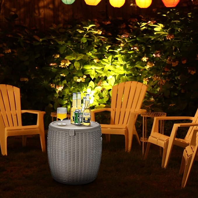 Safstar Outdoor Cooler Table, 9.5 Gallon Ice Cool Table w/Top Lid, Side Handle, Drainage Plug, Weather-Resistant Wicker Rattan Round Ice Bucket for Cocktail Beer Wine in Patio Party Pool