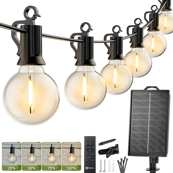 Brightown 58FT Solar String Lights Outdoor, IP65 Waterproof, Remote, Timer | Patio Lights with 17 LED Shatterproof Bulbs, 3 Light Modes, Dimmable, Outside Light for Backyard Porch Yard Party Xmas Decor