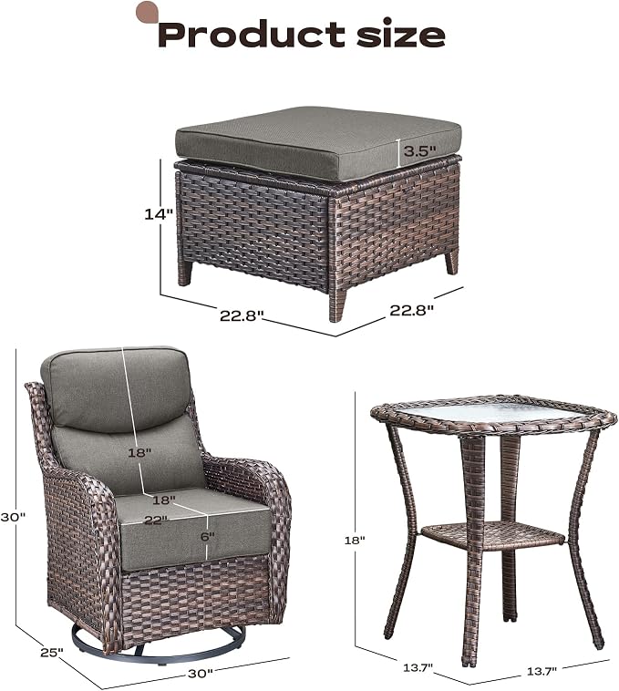 Rilyson Wicker Outdoor Patio Furniture Set - 5 Piece Patio Conversation Sets with Swivel Rocker Chairs, Ottomans and Side Table, 6 inch Cushions, Waterproof Wicker, for Porch Deck Brown/Grey