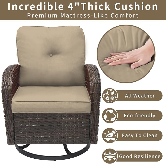 Outdoor Swivel Rocker Patio Chairs 3 Pieces，Swivel Patio Chairs with Cushions，Outdoor Swivel Rocking Chairs Set of 2 with Rattan Side Table，Patio Furniture Set for Outside Porch Deck