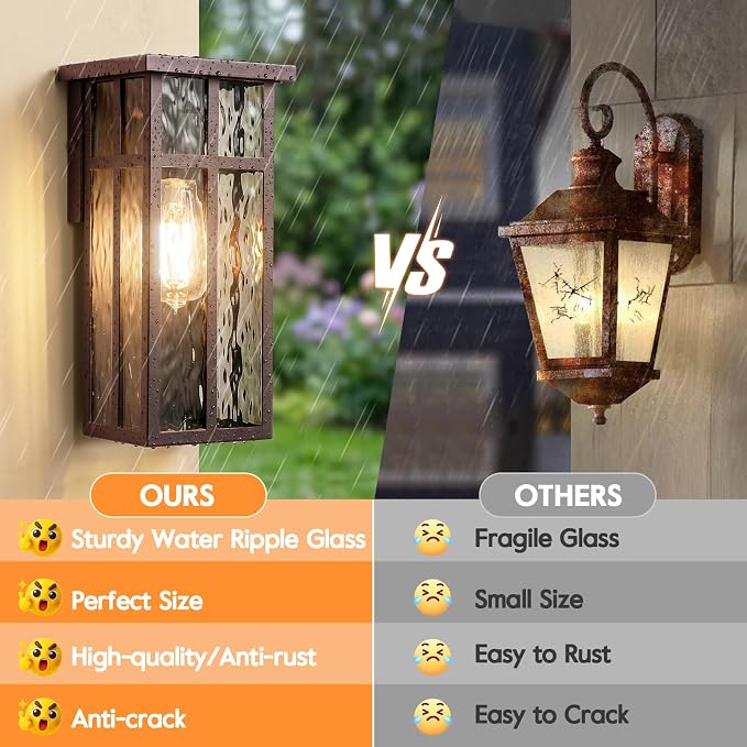 Outdoor Wall Light Fixtures, Modern Brown Porch Wall Lanterns | Waterproof Construction & Durable Metal, Rust-Resistant, Quick & Easy Installation, Ripple Glass Shades & Standard E26 Socket