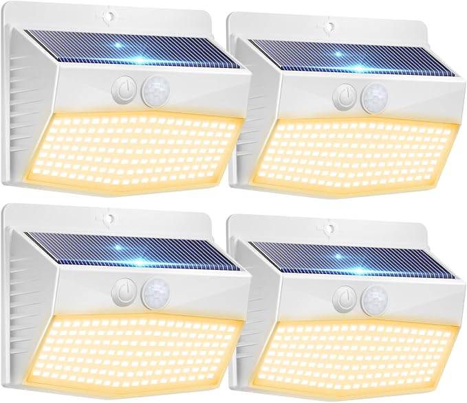 Solar Outdoor Lights, [4 Packs] Motion Sensor Security Lights with 3 Lighting Modes Wall Lights Waterproof Solar Powered Lights for Garden Yard, White Warm