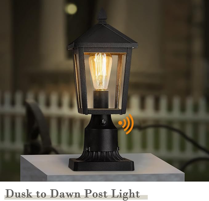 zeyu 2 Pack Dusk to Dawn Outdoor Post Lights, Industrial Pole Light for House Courtyard, Die-Cast Aluminum with Clear Glass, Black Finish, 20076PS-PC-2PK BK