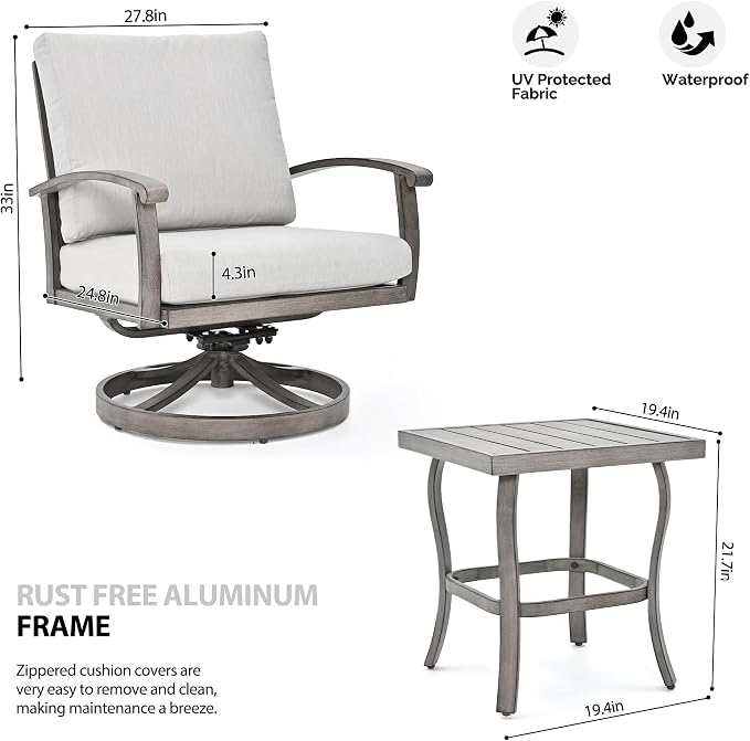 HAPPATIO Aluminum Outdoor Conversation Set - 3 Piece Swivel Rocker Patio Chairs with Thick Cushions and Side Table, Patio Furniture Set for Backyard Porch Balcony Front Porch (Gray)