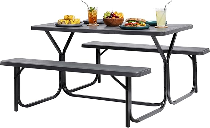 Gray Outdoor Picnic Table Set with Benches, Woodgrain Plastic Patio Dining Table with Metal Frame, Weather-Resistant Picnic Bench Table for Backyard, Patio, Garden, Park, Seats 6