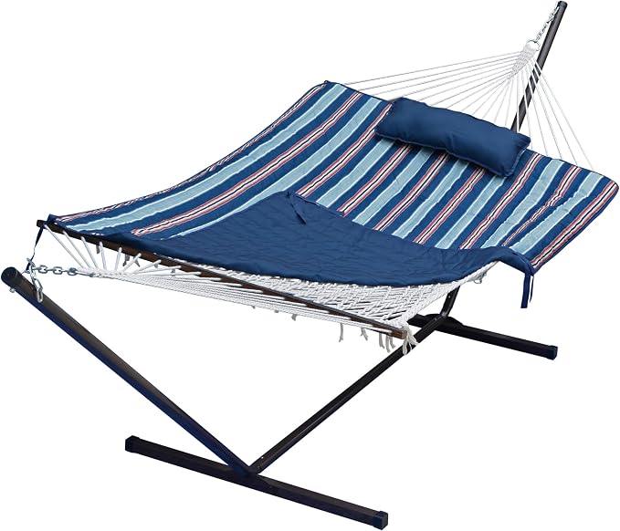 12 Foot Steel Hammock Stand with Cotton Rope Hammock Combo, Quilted Polyester Hammock Pad and Pillow Kingston Stripe