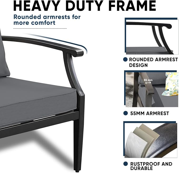 4-Piece Patio Conversation Set,Oversized Outdoor Metal Furniture Set with Table and Loveseat,Removable and Washable Deep Seating Cushions,High Backrest for Porch Poolside Deck,Grey
