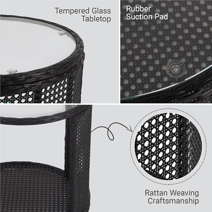 Kinfant Round Outdoor Wicker Coffee Table – Patio Side Table with Tempered Glass Top, Ottoman Style End Table for Balcony, Porch, Deck, Garden, Weather-Resistant Rattan, Easy Assembly, Black