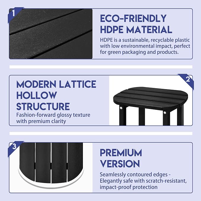 LZRS Patio End Table, Heavy Duty HDPE Outdoor Coffee Table with Wood Texture, Weatherproof Composite Table for Adirondack Chairs, Deck, Pool, Indoor/Outdoor, No Peeling Cracking(Black)