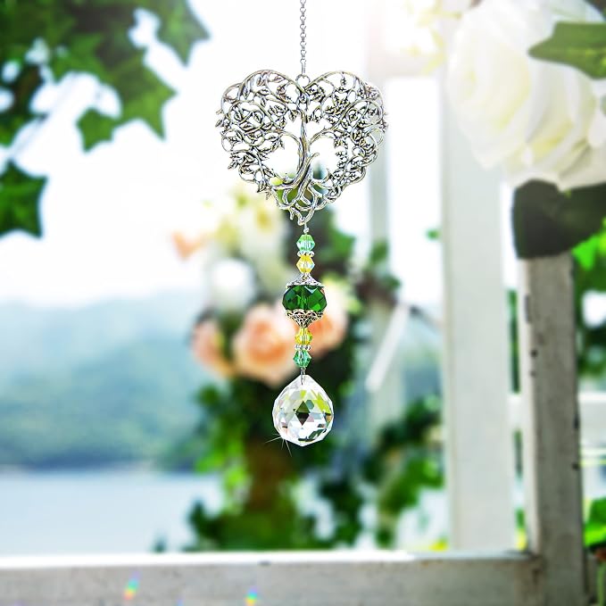 Tree of Life Heart Crystal Suncatcher Prism Rainbow Maker Window Decor | Tree of Life Heart Shaped Crystal Drop Prism Suncatcher Hanging Ornament for Window Garden Home Office Wedding Party Decor