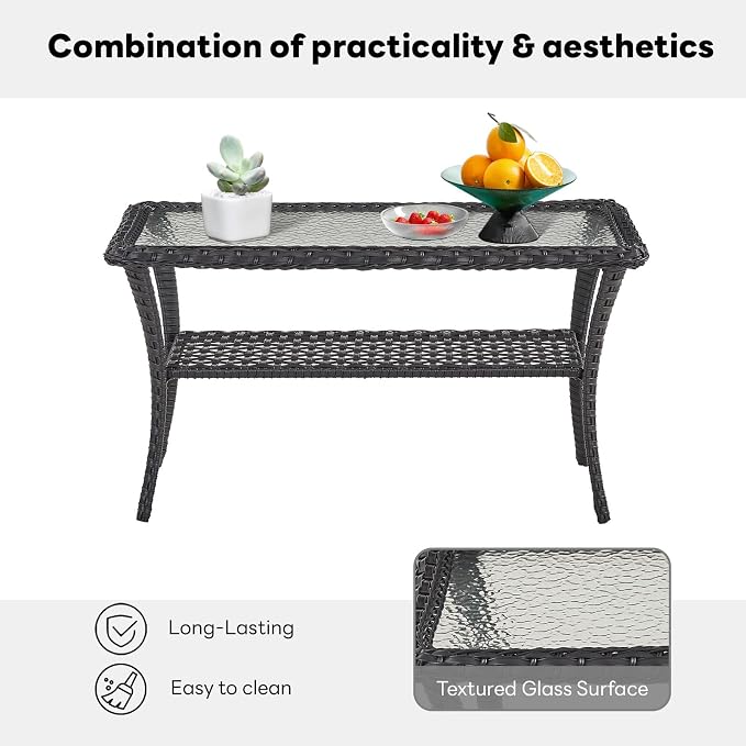 Belord Outdoor Coffee Table for Patio - 40 Inch Rattan Patio Coffee Table with 2-Layer Storage, Rectangular Tempered Glass Outdoor Wicker Table for Porch Balcony Deck Brown