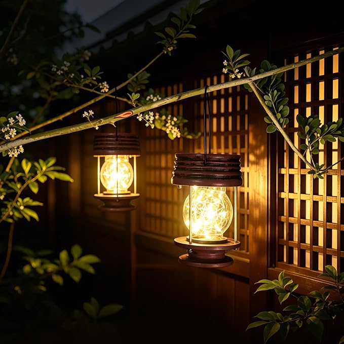 Solar Lanterns Outdoor Patio Decor, 20 LED Hanging Solar Fairy Lights Waterproof, 2 Pack Retro Decorative Table Lamps with Warm Glow for Porch, Yard, Garden, Pathway & Backyard Decoration
