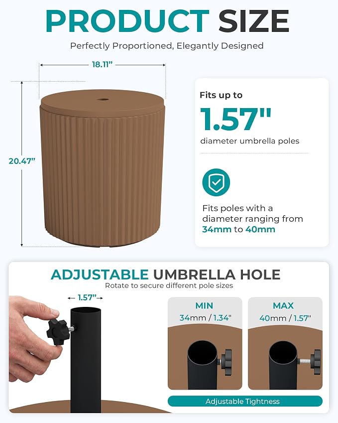SERWALL Round Outdoor Umbrella Side Table, 3-in-1 Outdoor Patio Table with Umbrella Hole for Porch/Patio/Poolside, Brown