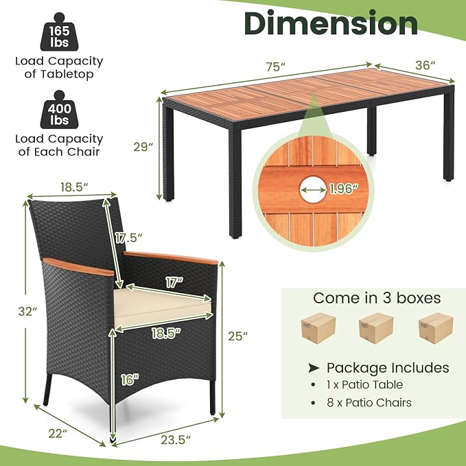 KOTEK 9 Piece Outdoor Dining Set, Rattan Patio Dining Table and Chairs Set for 8 with 1.96'' Umbrella Hole and Seat Cushions, Wicker Patio Dining Set for Deck, Backyard