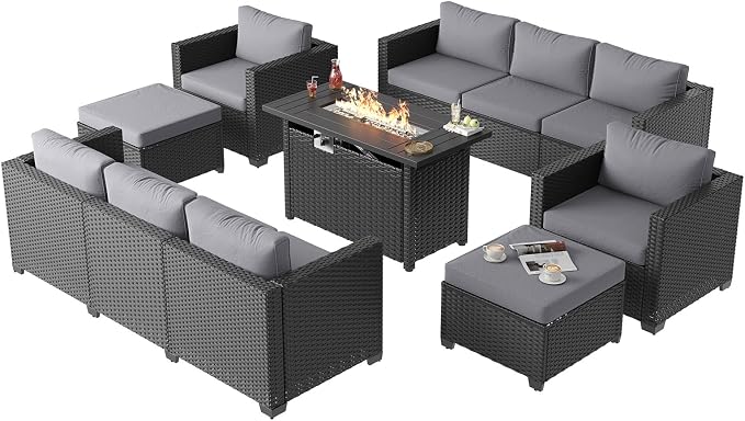 Aoxun 7 Piece Patio Furniture Set with Fire Pit Table, 10 Seats Outdoor Furniture Set with Wicker Ottomans, Rattan Outdoor Sectional Sofa with Thickened Cushion & Waterproof Cover Grey