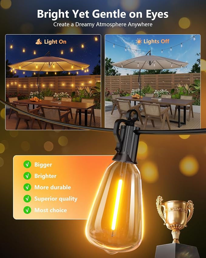 Brightown 202FT Solar String Lights Outdoor, 65+2 Shatterproof LED Lights | Waterproof, Remote Control, Dimmable, Timer, 3 Light Modes, Commercial Grade Patio Lights for Garden, Backyard, Party Decor