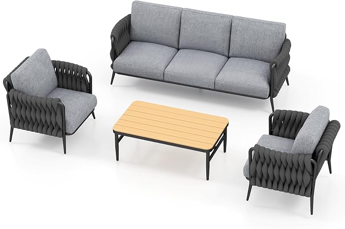 Jocoevol Patio Furniture Set, 5-Seat Outdoor Sofa Furniture Deep Seating with Coffee Table, Metal Patio Conversation Sets with Waterproof & Extra-Thick Cushions for Garden, Poolside, Backyard