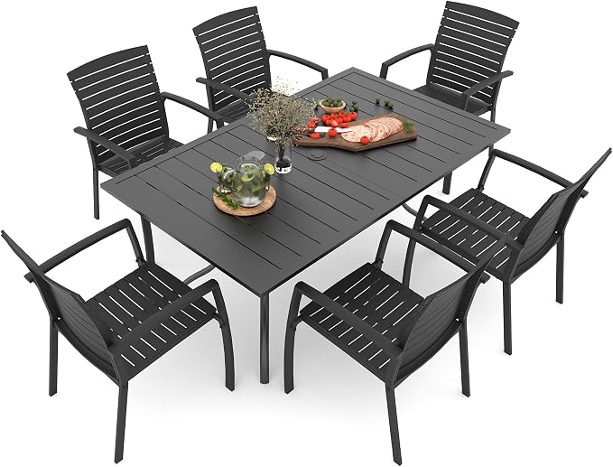 Outdoor Patio 63" Rectangular Table and Aluminum Resin Chairs 6 Person Set | Aluminum Frame Chairs, Resin Chair Seat, Resin Chair Back, 6 Piece Stackable Chairs, 1 Piece Black Metal Table, 6 Person Set