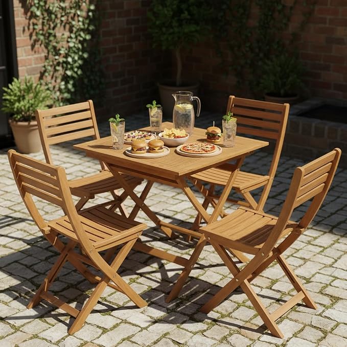 Tangkula Teak Wood Folding Outdoor Table, 32-Inch Square Patio Dining Table for 4, Collapsible Outside Bistro Table with Sturdy X-Frame for Deck, Balcony, Yard, Poolside & Porch