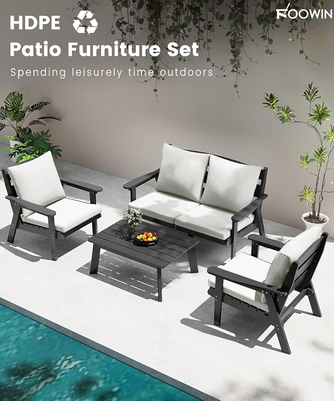 FOOWIN 4-Piece Patio Furniture Set, HDPE All-Weather Outdoor Conversation Set with Thick Cushions, Sectional Patio Sofa Furniture for Deck, Porch, Lawn, Garden, Grey Frame & White Cushion
