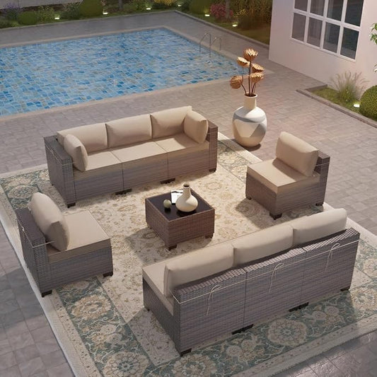 9 Pieces Outdoor Patio Furniture Sets,Wicker Conversation Set Sectional Sofa,Includes 8 All-Weather High Back PE Rattan Seating Components w/Thickened Cushions&Coffee Table,Sand