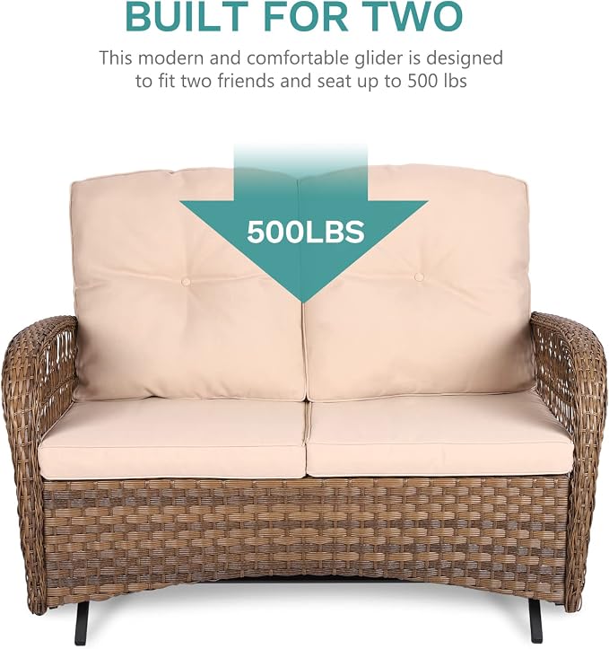 MEETWARM 5 Pieces Outdoor Patio Rattan Furniture Sets, All Weather Patio Wicker Conversation Set - 2 Rocking Swivel Chairs 1 Rattan Loveseat Glider with Cushions, 2 Glass-Top Coffee Table, Beige