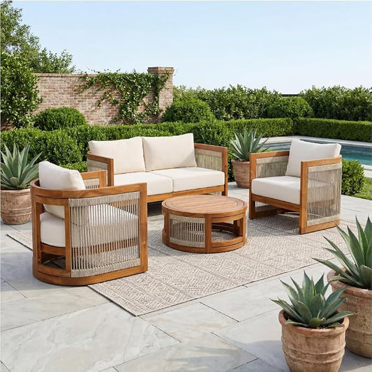 4-Piece Patio Conversation Set,All Weather Sectional Sofa Set w/ 2 Chairs, Loveseat & Table Premium, Acacia Wood Outdoor Furniture Set with Woven Rope Accents and Cushions (Teak+ Beige#82)