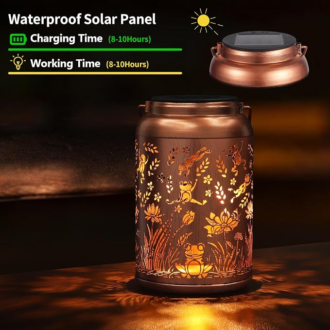 Frog Solar Lanterns Outdoor Waterproof Garden Decor Gifts for Women | Metal Hanging Solar Lights Birthday Gifts for Grandma Mom Solar Decoration Outside for Yard, Patio, Backyard, Porch
