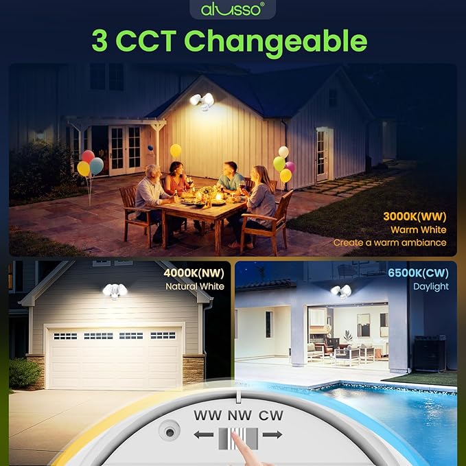 ALUSSO Motion Sensor Outdoor Lights Metal Heads, 30W 3600LM Flood Lights Outdoor 120V, 3 Modes Dusk to Dawn/Auto/On Time, 3000K 4000K 6500K Adjustable, Hardwired Security Light ETL Listed, White 1PC
