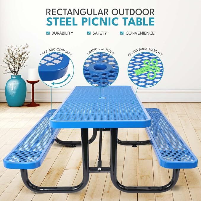 6 ft. Rectangular Outdoor Steel Picnic Table with Umbrella Pole, Heavy-Duty Weather-Resistant Dining Table for Patio, Backyard, and Garden, Rust-Resistant Finish, Blue