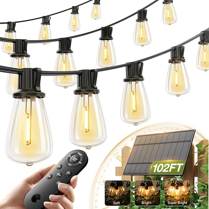 addlon 102(96+6) FT Solar String Lights Waterproof, 48+4 LED Shatterproof | Patio Light Solar Powered with Remote & USB Port 3 Modes, Outdoor Lighting for Camping Porch Backyard Garden